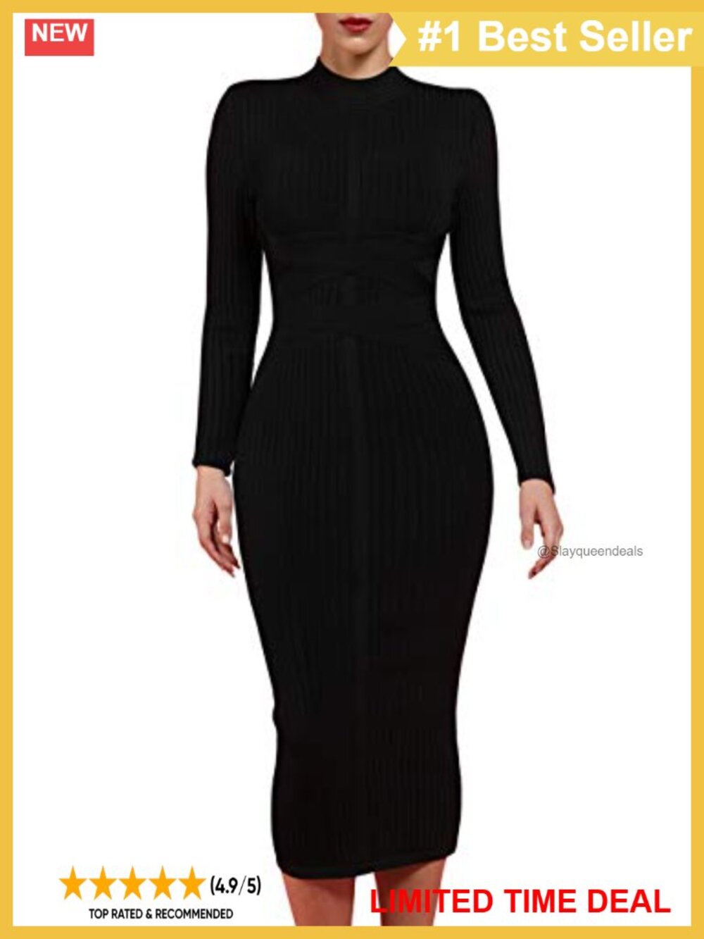 Cross Strap Ribbed Bandage Long Sleeve Midi Bodycon Party Dress
